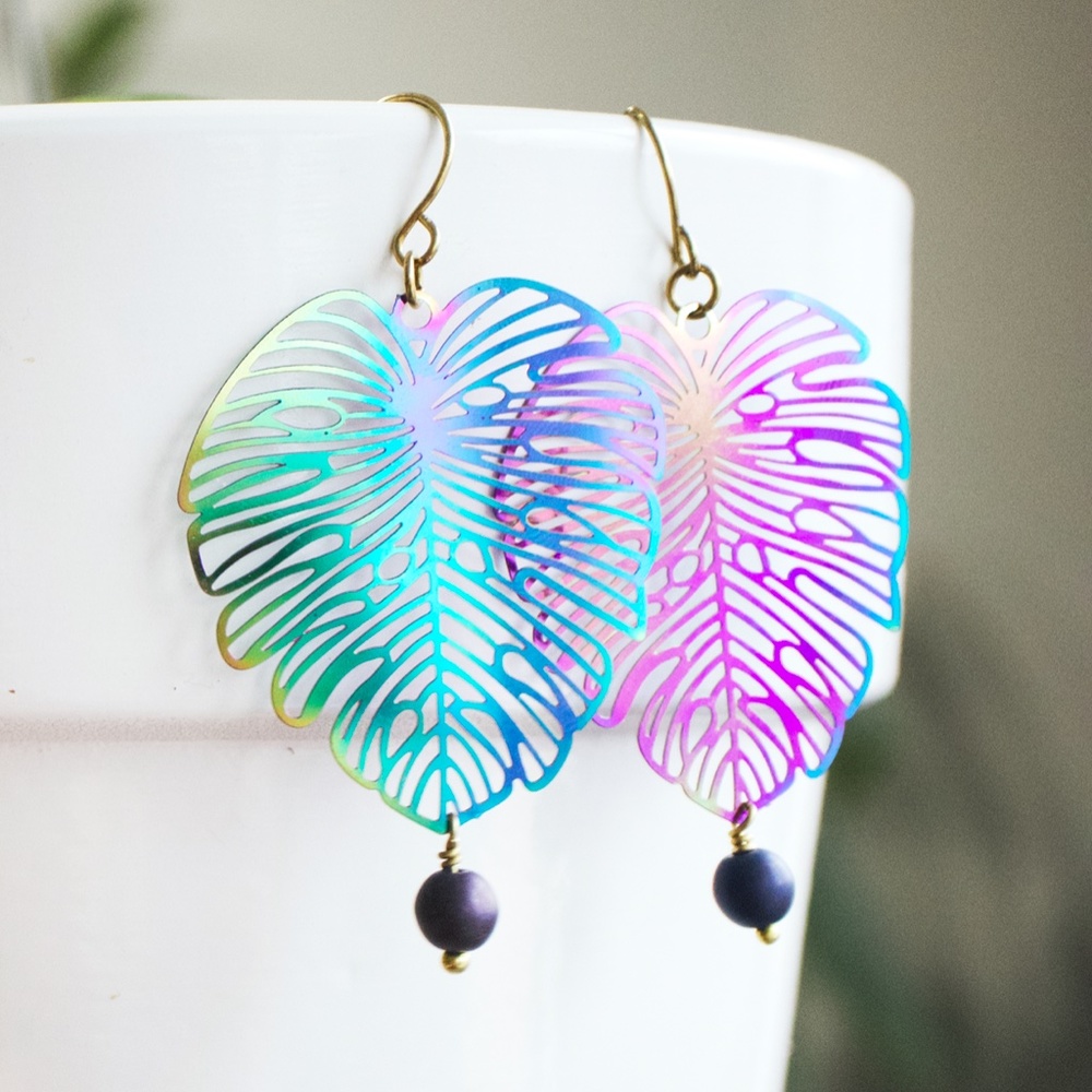 Beaded Monstera Leaf Earrings - Handmade Artisan Earrings